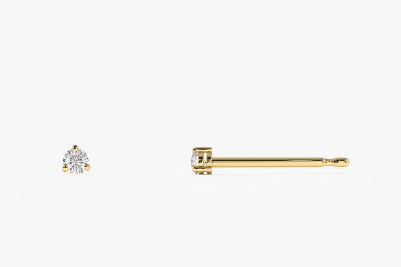 14k Tiny Diamond Solitaire Stud Set in Prongs Side View