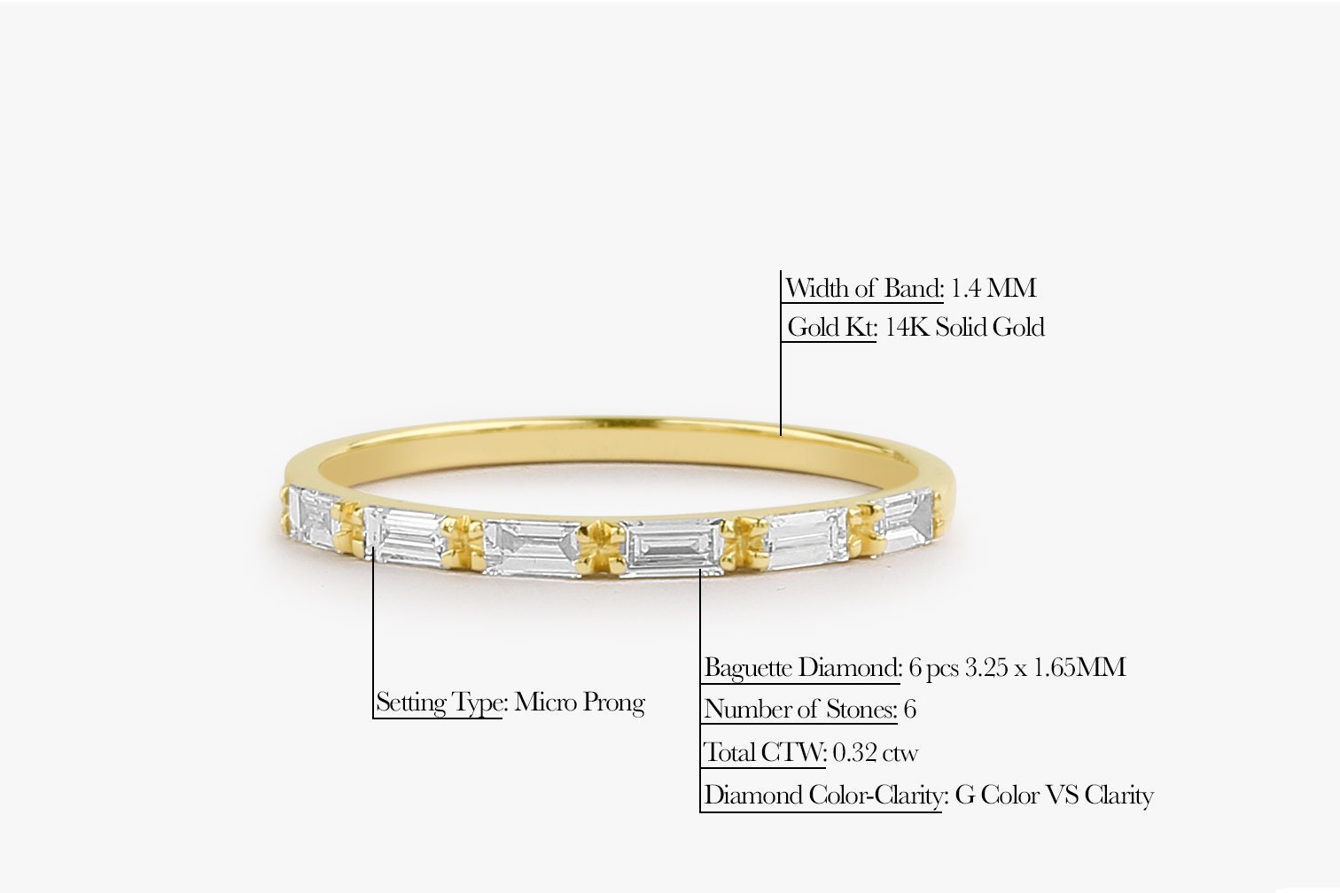 14k Gold Diamond Wedding Ring / 14k Gold Half Eternity Baguette Diamond ...