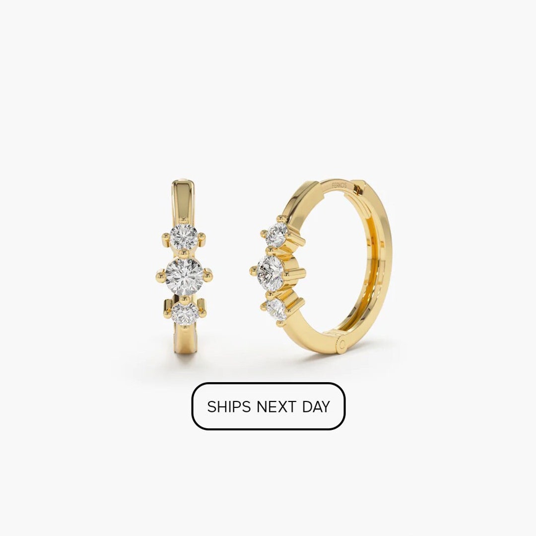 Tiny Hoop Earrings / 14k Solid Gold Three Stone Diamond Huggies / Diamond Gold Mini Hoops