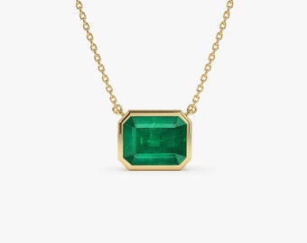 Natural Emerald Necklace 1.50 - 2.20 ctw, 14k Gold Octagon Cut Emerald Necklace, Emerald Cut Necklace in Bezel Setting, May Birthstone Gift