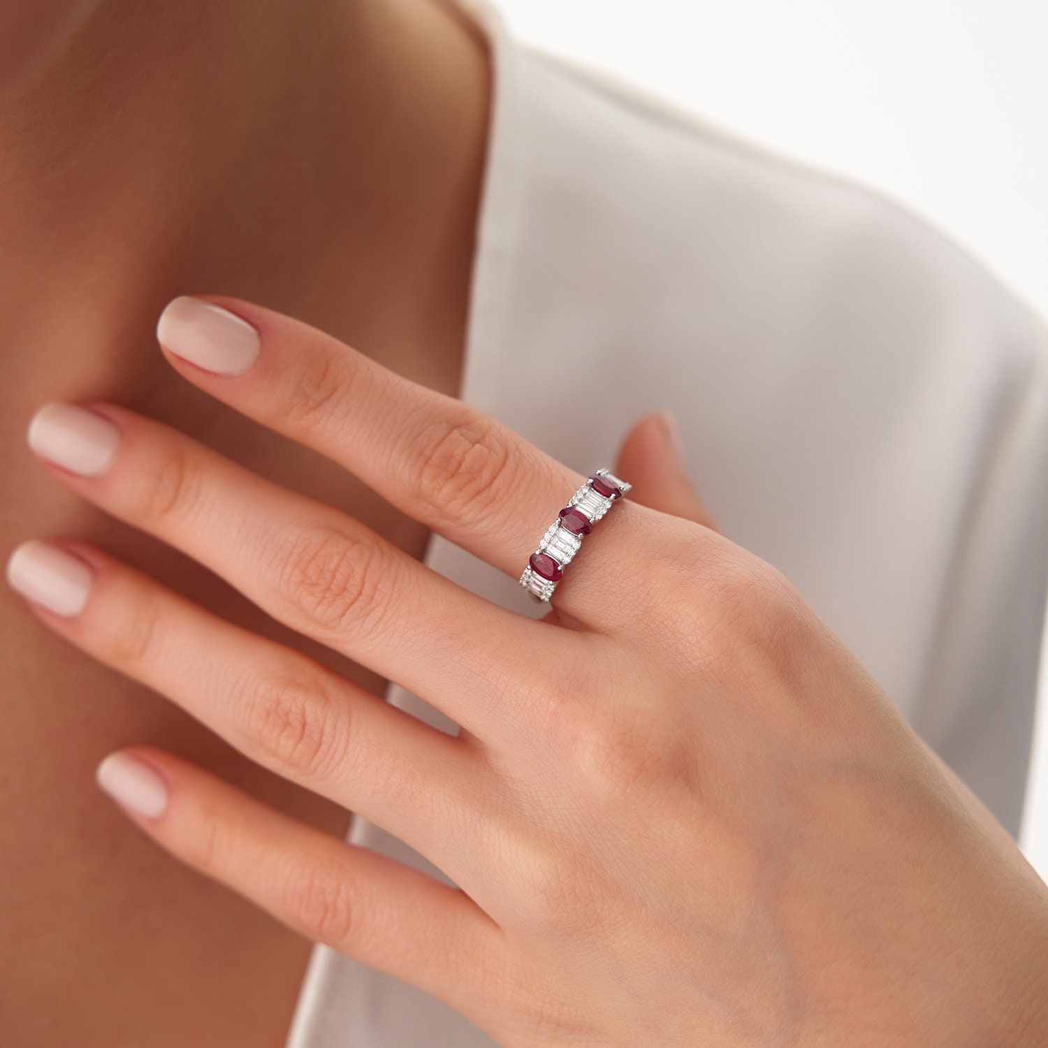 Ruby Ring / 14k Gold Baguette and Round Diamond Ring With Genuine Ruby ...