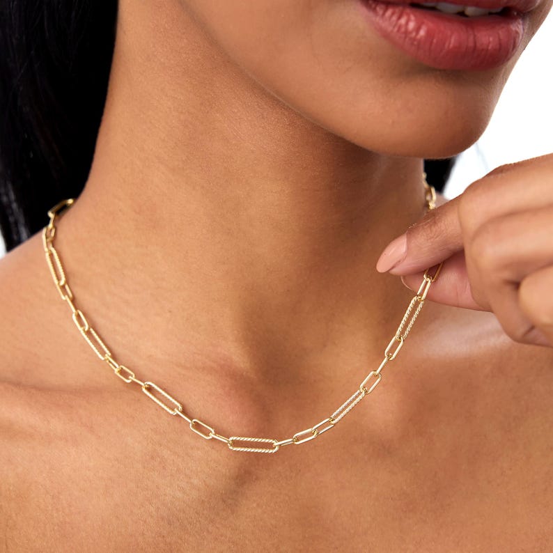 14k Gold Paperclip Necklace, Twisted Rope and Plain Oval Links ...