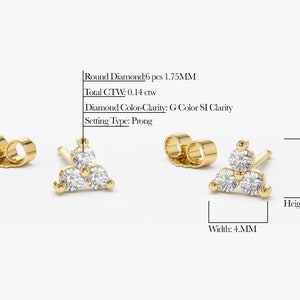 14K Gold Round Cut Diamond Trio Tiny Stud Earrings Detailed View