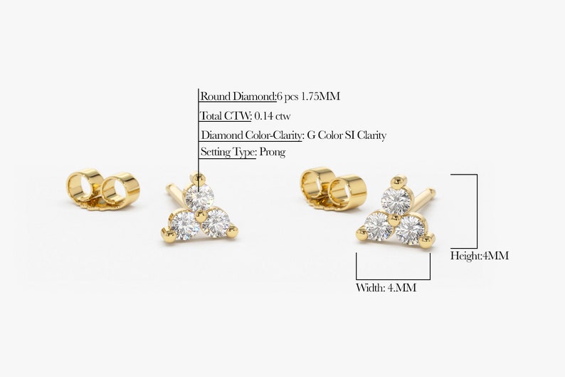 14K Gold Round Cut Diamond Trio Tiny Stud Earrings Detailed View