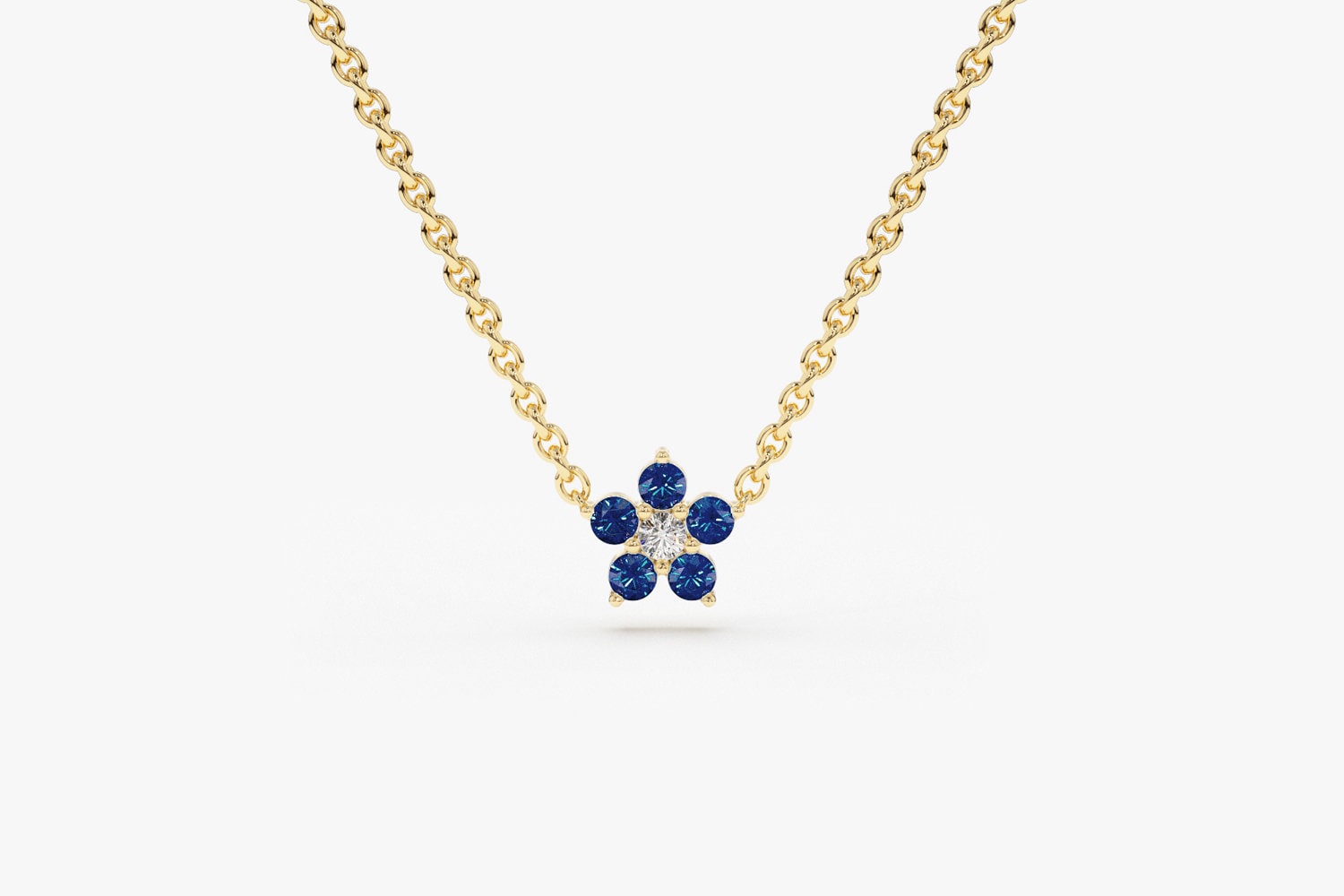 14K Sapphire & Diamond Necklace For Women/Gold Cluster Dainty Chain Flower Design