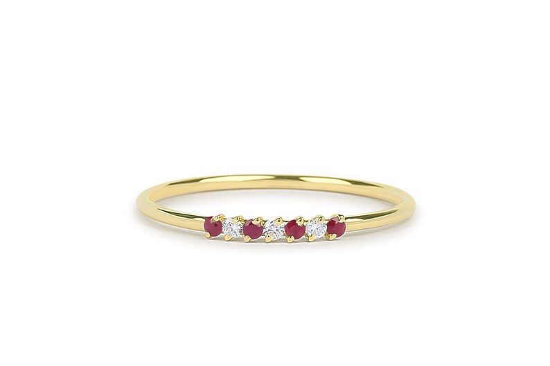 Ruby and Diamond Wedding Band in 14k Gold Stackable Genuine Ruby Ring July Birthstone Rose Gold and White Gold