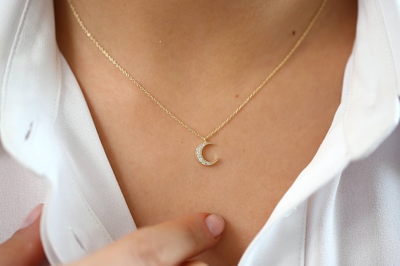 Mini Crescent Moon Diamond Necklace in 14k Gold Double Horn