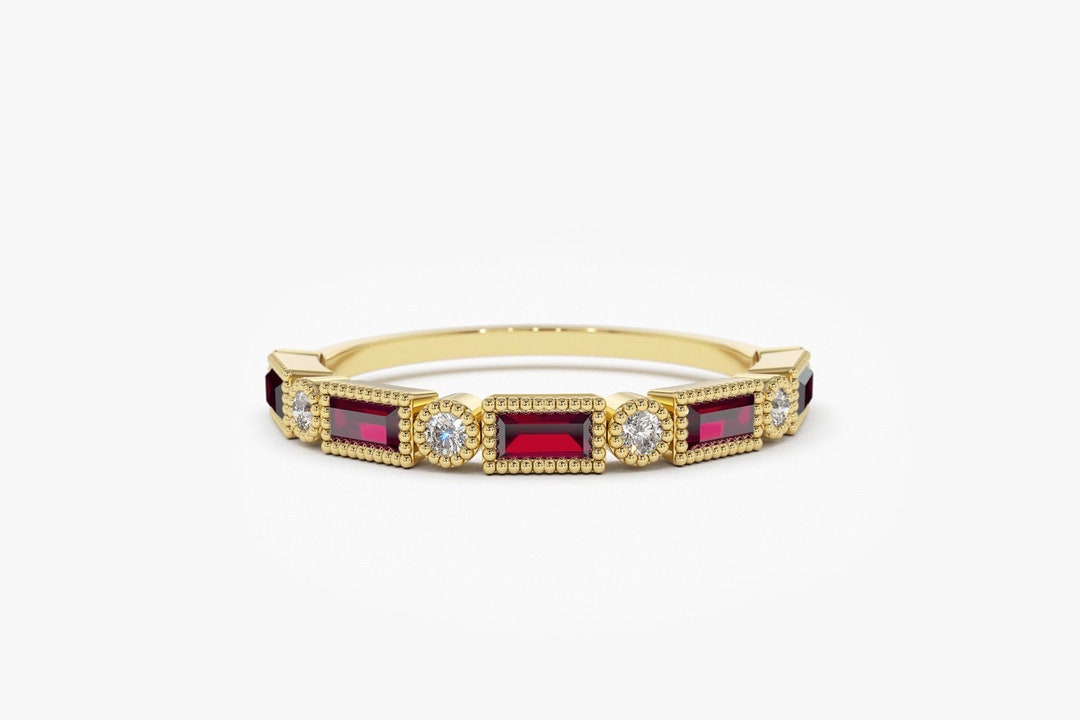 14k Gold Round Diamond and Ruby Baguette Ring / Wedding Ring for Women ...