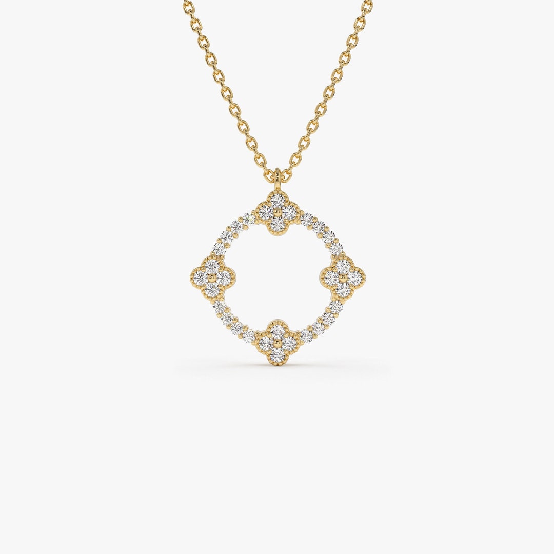 Statement Diamond Necklace in 14k Gold, 14k Diamond Clover Pendant