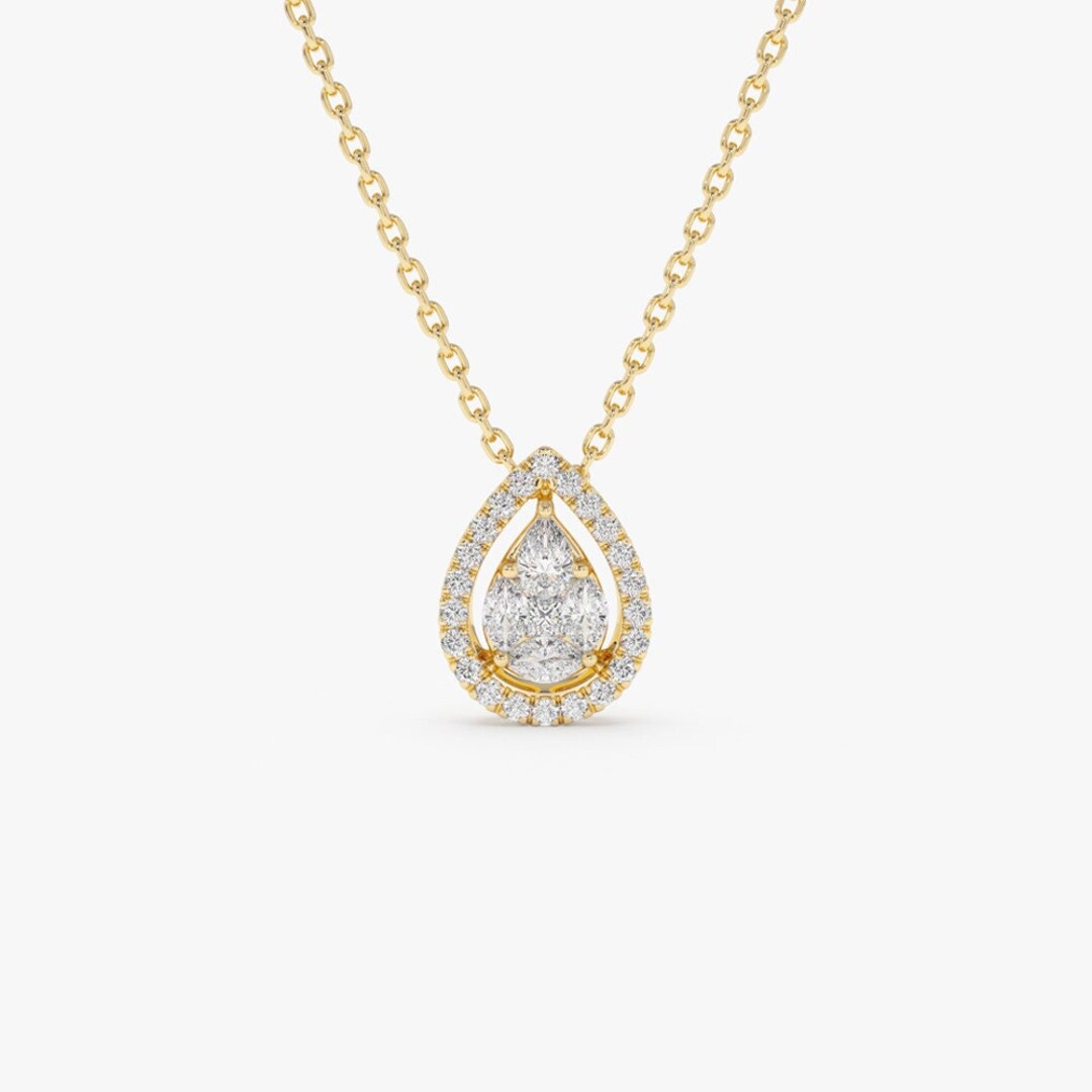 Diamond Necklace / 14k Solid Gold Pear Shaped Illusion Setting Halo