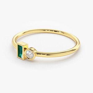 Dainty Emerald Ring / 14k Solid Gold Ring / Baguette Emerald Diamond ...