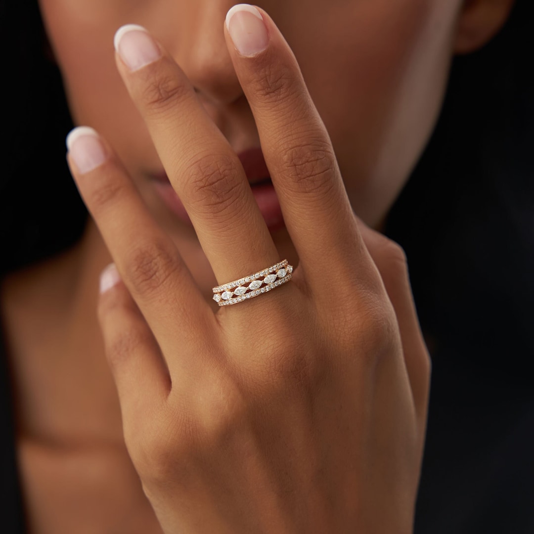 14K Multi-band Diamond Ring, Stacking Double Row Floating