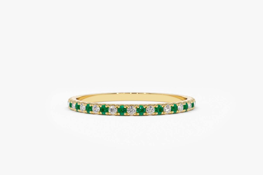 14k Yellow Gold Emerald and Diamond Eternity Wedding Band - Etsy UK