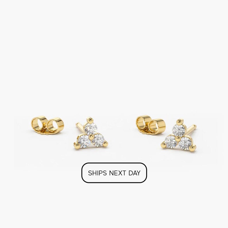 14K Gold Round Cut Diamond Trio Tiny Stud Earrings / Simple Three Stone Cluster Earring / Tiny Diamond Studs / Last Minute Gift image 1