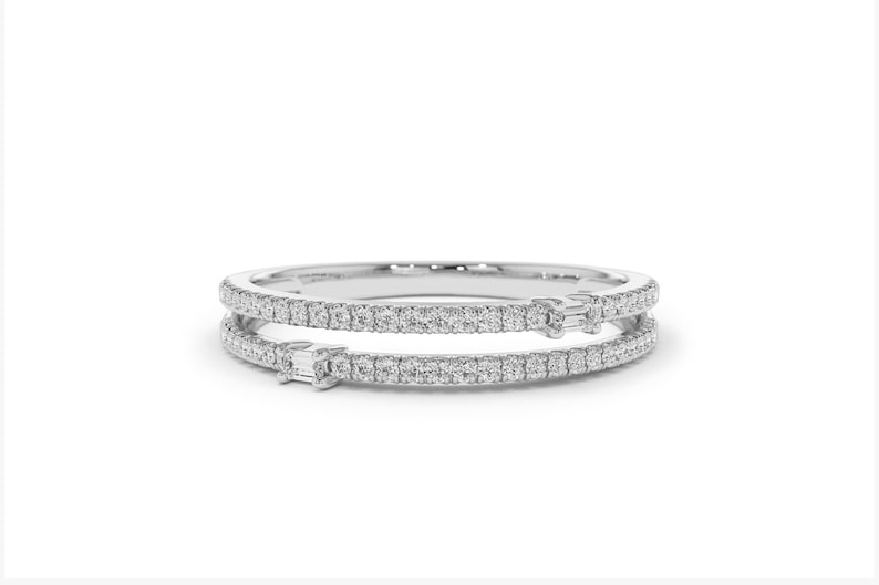 14k White Gold Double Row Micro Pave Ring with Baguette Diamonds