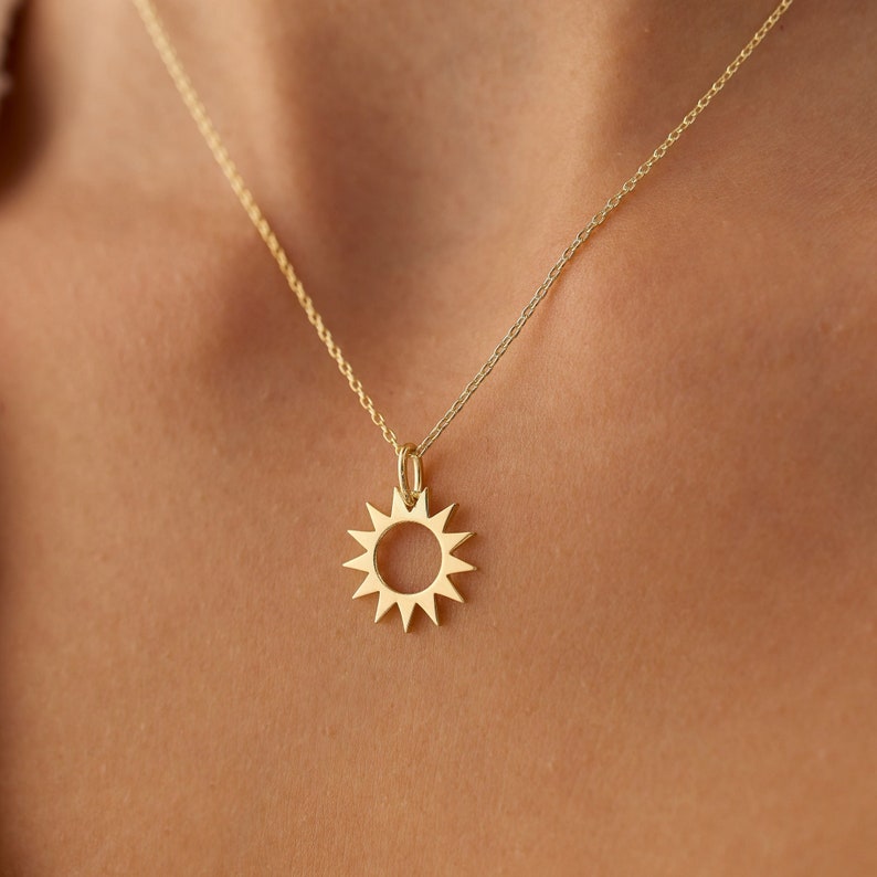 14k Solid Gold Sun Pendant Necklace / 14k Solid Gold Sunshine Pendant / Small Celestial Necklace / Sunburst Charm Necklace for Women image 1