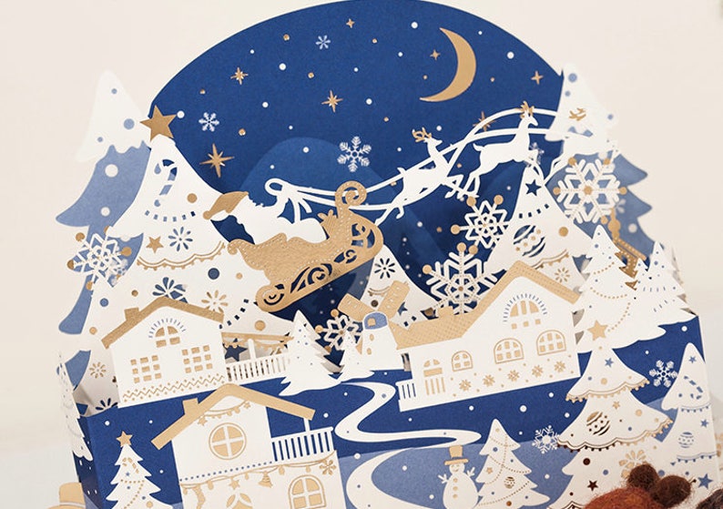 Navy Blue Gold Foil Laser Cut 3D Christmas Card // Christmas Etsy