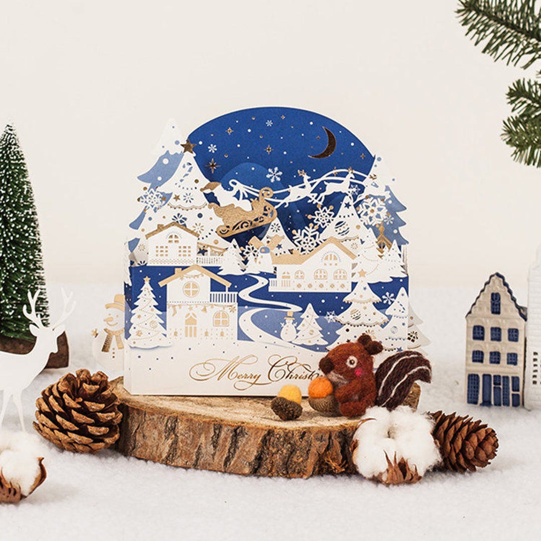 Navy Blue Gold Foil Laser Cut 3D Christmas Card // Christmas Etsy