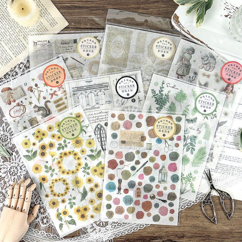 Washi Sticker Sheet // Vintage // Sunflowers // Green Plants image 0