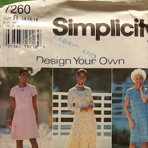 May include: Simplicity sewing pattern featuring three women modeling dresses. The pattern includes the text "Design Your Own" and "9 great looks. ONE simple pattern!" The pattern number is 7260.