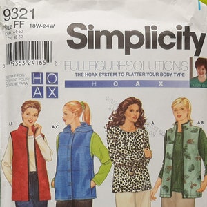 May include: A sewing pattern for a vest, a top, and a skirt. The pattern is for full figure solutions and includes the text "HOAX" and "Simplicity".