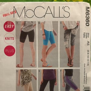 May include: McCall's M6360 sewing pattern for knit shorts and leggings. The cover displays the words "FINAL SAVE", "EASY", "KNITS", and "PLUS". The size is A5, suitable for sizes 6-8-10-12-14. The pattern is in English and French.
