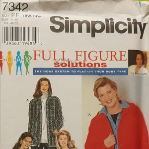 May include: Simplicity sewing pattern number 7342 for a full figure jacket. The pattern includes three different styles: a plaid jacket, a red jacket, and a black jacket. The pattern is for sizes 18W-24W. The text "Full Figure Solutions" and "The Hoax System to Flatter Your Body Type" is printed on the pattern.