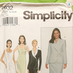 May include: Simplicity sewing pattern number 7932 for sizes 16, 18, and 20. The pattern includes three different styles: a long white dress, a short green dress, and a black and white suit.