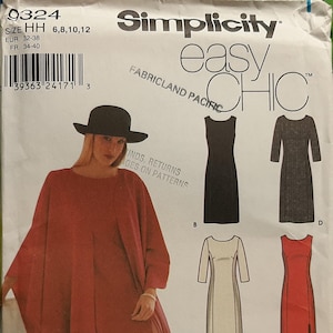 May include: Simplicity Easy Chic sewing pattern with a woman in a red cape and dress designs. The pattern includes sizes 6, 8, 10, and 12. The pattern also includes dress designs with a slit.