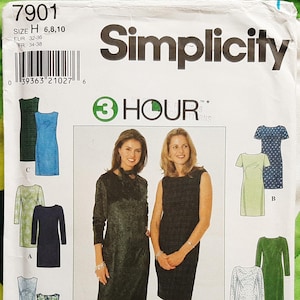 May include: A Simplicity sewing pattern envelope with dress designs. The envelope shows the number 7901, size H 6,8,10, and the text "3 HOUR". The dresses include long and short sleeves, and different necklines. EUR sizes 32-36, FR 34-38.