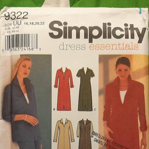 May include: Simplicity dress essentials sewing pattern, featuring a long-sleeved jacket, a dress with a long zip, and a pair of trousers. The pattern is for sizes 16, 18, 20, and 22.