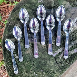 May include: Eight silver spoons displayed on a weathered wooden surface. The spoons have a traditional design with a decorative pattern at the handle's base. The spoons are reflective, mirroring the surrounding environment.