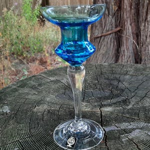 Eneryda Glasbruk Sweden blue and clear candlestick