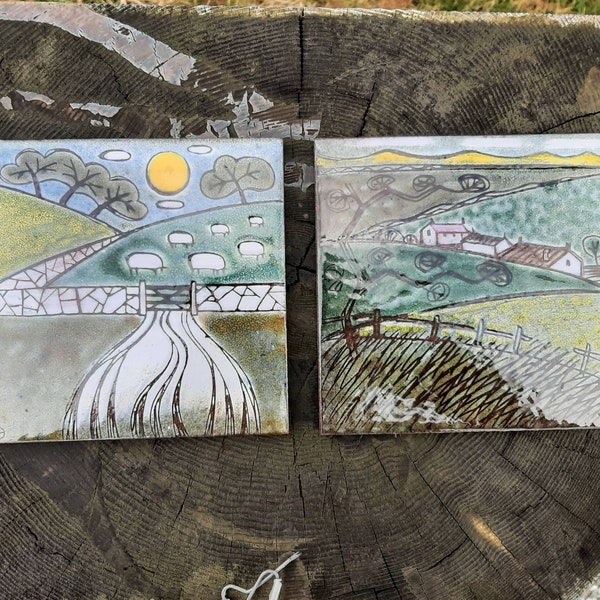 Christina Sheppard, Platt Ferrolite tile art, houses on the hills and or grazing sheep