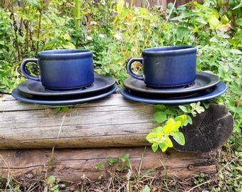 Arabia Finland Korpi coffee cup, saucer and side plate set for two, design Göran Bäck