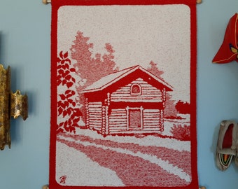 Finnish woven wall hanging with red storage shed, Hanhisalon Kutomo