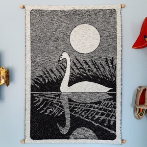 Reserved - Finnish woven wall hanging with swan swimming in the moonlight, Koskisen Kutomo