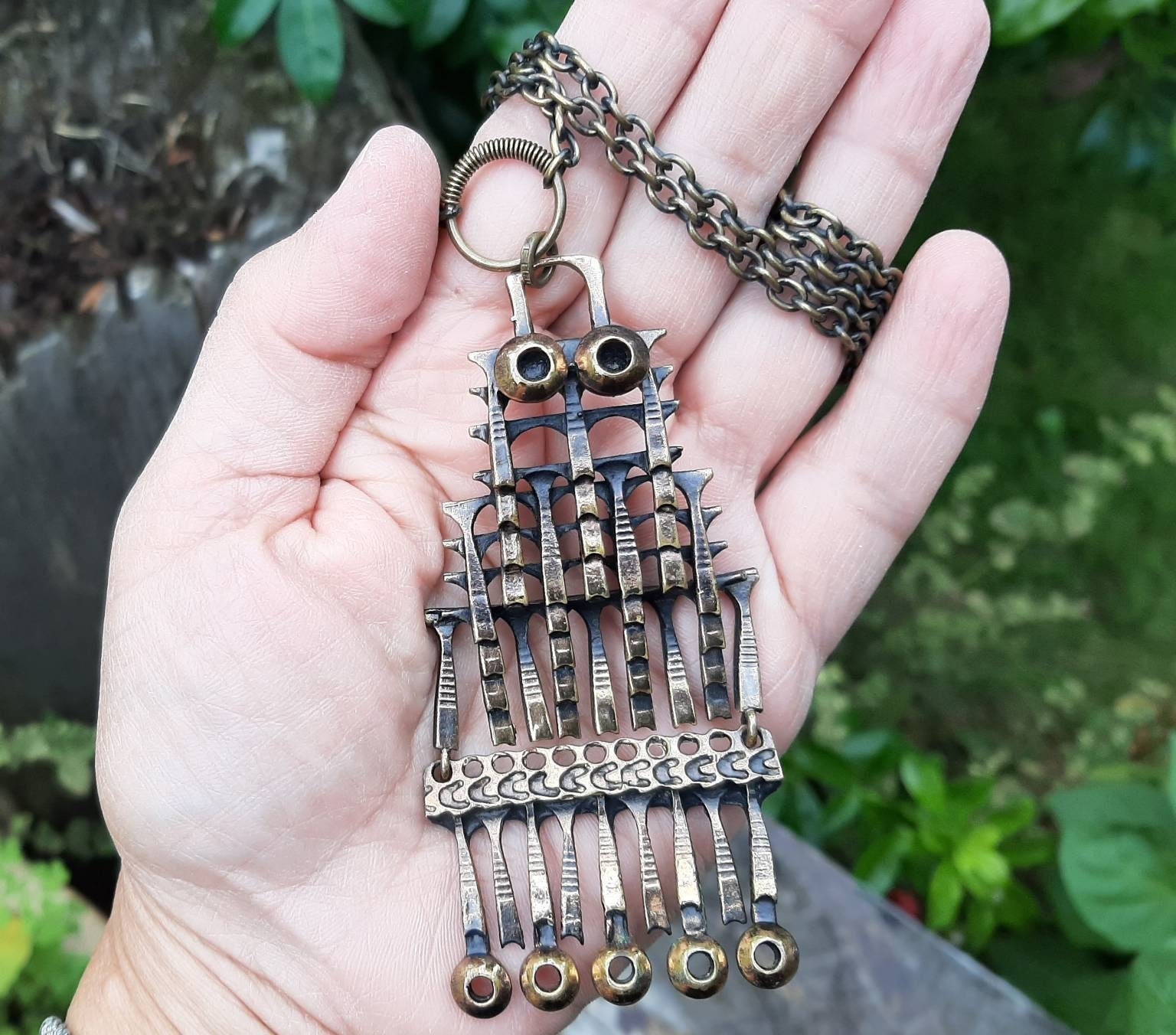 Pentti Sarpaneva Brutalist Bronze Owl pendant and chain, Finland necklace