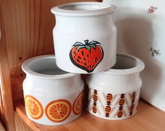 Arabia Finland Pomona jam jars, orange and/or strawberry pattern to choose from, design by Raija Uosikkinen