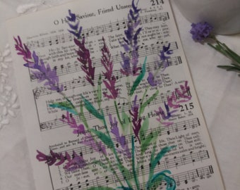 Lavender Watercolor and Ink Original on old Hymn Book Music