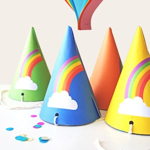 Rainbow Party Hats, INSTANT DOWNLOAD PRINTABLE Colorful Kids Rainbow Weather Theme Birthday Party Hats or Decorations Rainbow Baby Party Hat