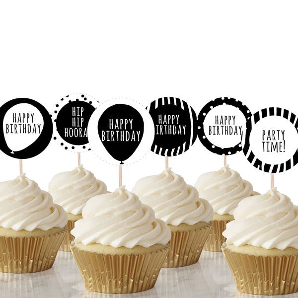 Black and White Party Cupcake Toppers, INSTANT DOWNLOAD PRINTABLE monochrome black and white birthday party cake cupcake topper editable