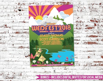 Wedfest Wedding Invitation PRINTABLE DIGITAL INVITE for Fun Modern Boho Music Festival Style Wedding or Party includes social media invites