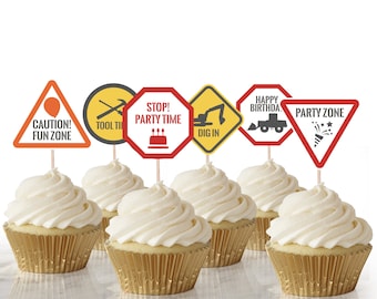 Construction Party Cake Toppers, INSTANT DOWNLOAD PRINTABLE road sign construction birthday party cupcake cake topper decorations editable