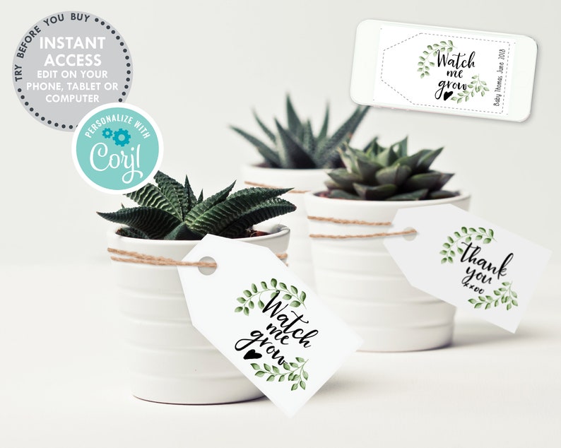 Baby Shower 'Watch me grow' Favor Tags, INSTANT DOWNLOAD PRINTABLE Eucalyptus themed Gift Labels for Boho baby Shower with editable template image 2