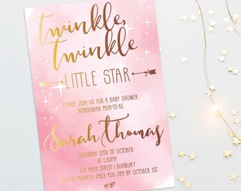 Baby Shower Invitation « Twinkle Twinkle Little Star », INVITE NUMÉRIQUE IMPRIMABLE pour bébé fille rose et or twinkle star thème baby shower