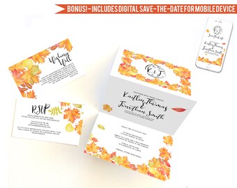 Wedding Invitation 'Autumn', PRINTABLE DIGITAL Wedding Invite Set with fall autumn leaves - Save the Date, RSVP, Wishing Well Card, Logo