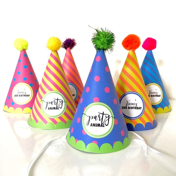 Animal Party Hats, INSTANT DOWNLOAD PRINTABLE Colorful Kids Safari Zoo Jungle Animal Birthday Party Hats with Editable Text