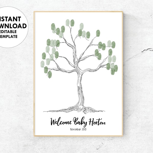 Baby Shower Guest Tree Game 'Eucalyptus', INSTANT DOWNLOAD EDITABLE Template for Boho Garden Baby Shower Tree + Leaf Your Fingerprint Sign