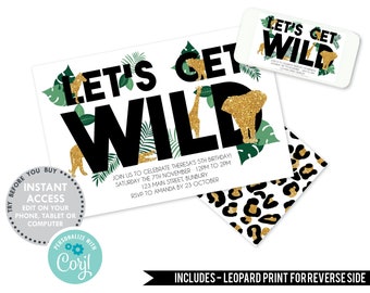 Safari Party 'Let's Get Wild' Invitation, INSTANT DOWNLOAD EDITABLE Invite for kids Birthday Party, green and gold jungle theme, zoo animals